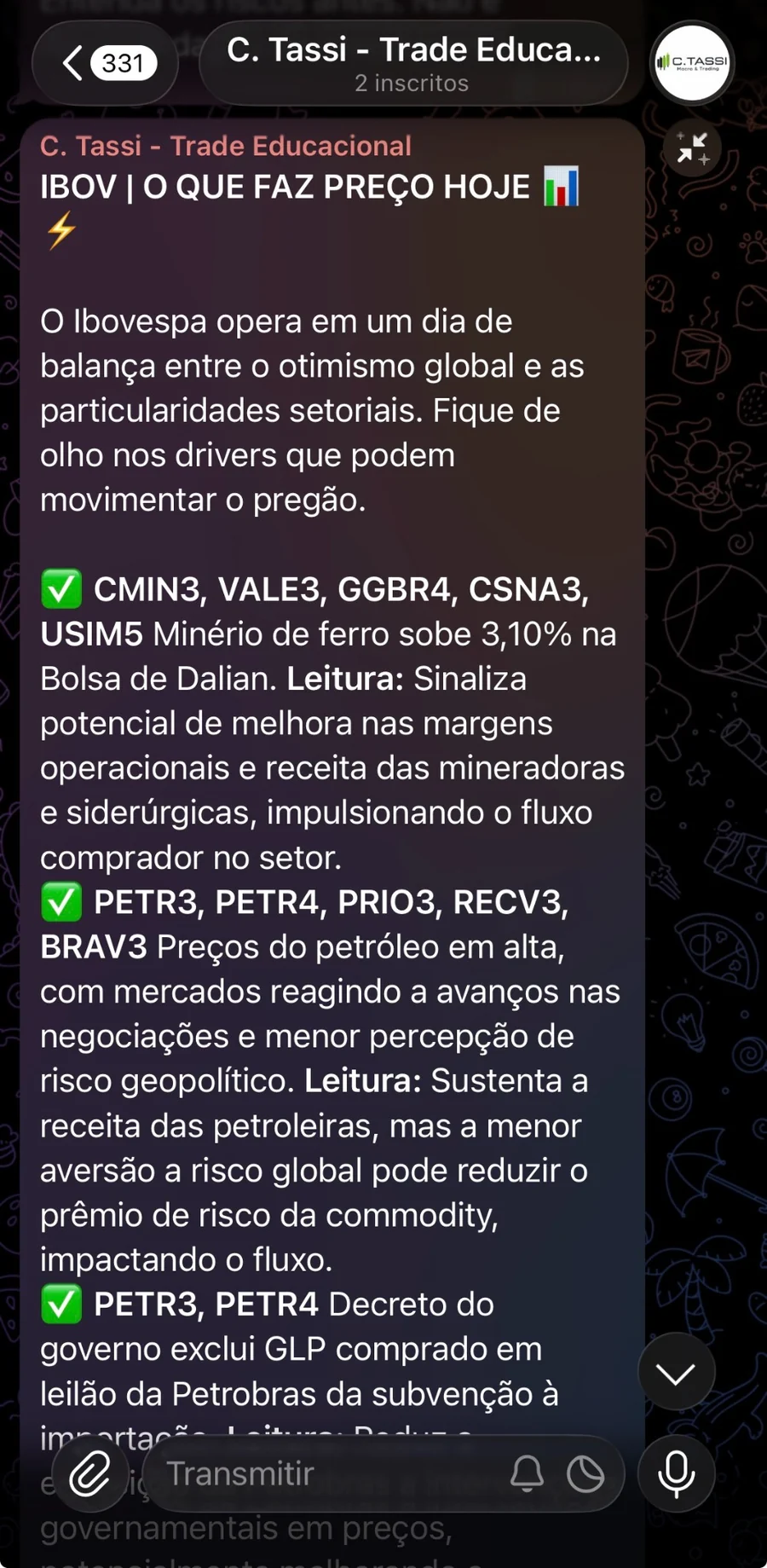 Exemplo de leitura IBOV no canal Telegram